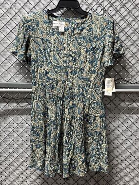 Blue Paisley Short Sleeve Button Front Dress New Old Stock